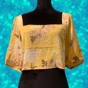 H & M Women Crop Yellow floral top, square neck, puffed sleeve, open back